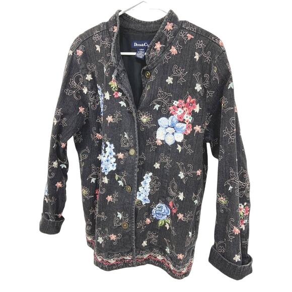 Denim & Co Womens Floral Embroidered Gray Boho Collared Jacket Size L - Picture 2 of 8